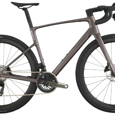 SCOTT Addict 10 Rennrad in mattem Braun mit Carbonrahmen, Scheibenbremsen und tiefen Felgen, Seitenansicht