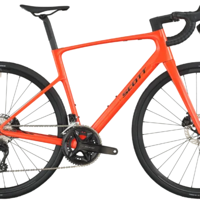 SCOTT Addict 50 Rennrad in leuchtendem Orange, Vollansicht seitlich mit Rahmen, Rennlenker, Scheibenbremsen und Laufrädern