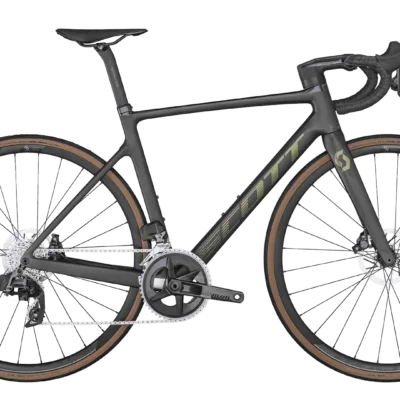 SCOTT Addict RC 30 Rennrad 2023 in mattem Grau mit Carbonrahmen, Drop-Bar-Lenker und braunen Reifen