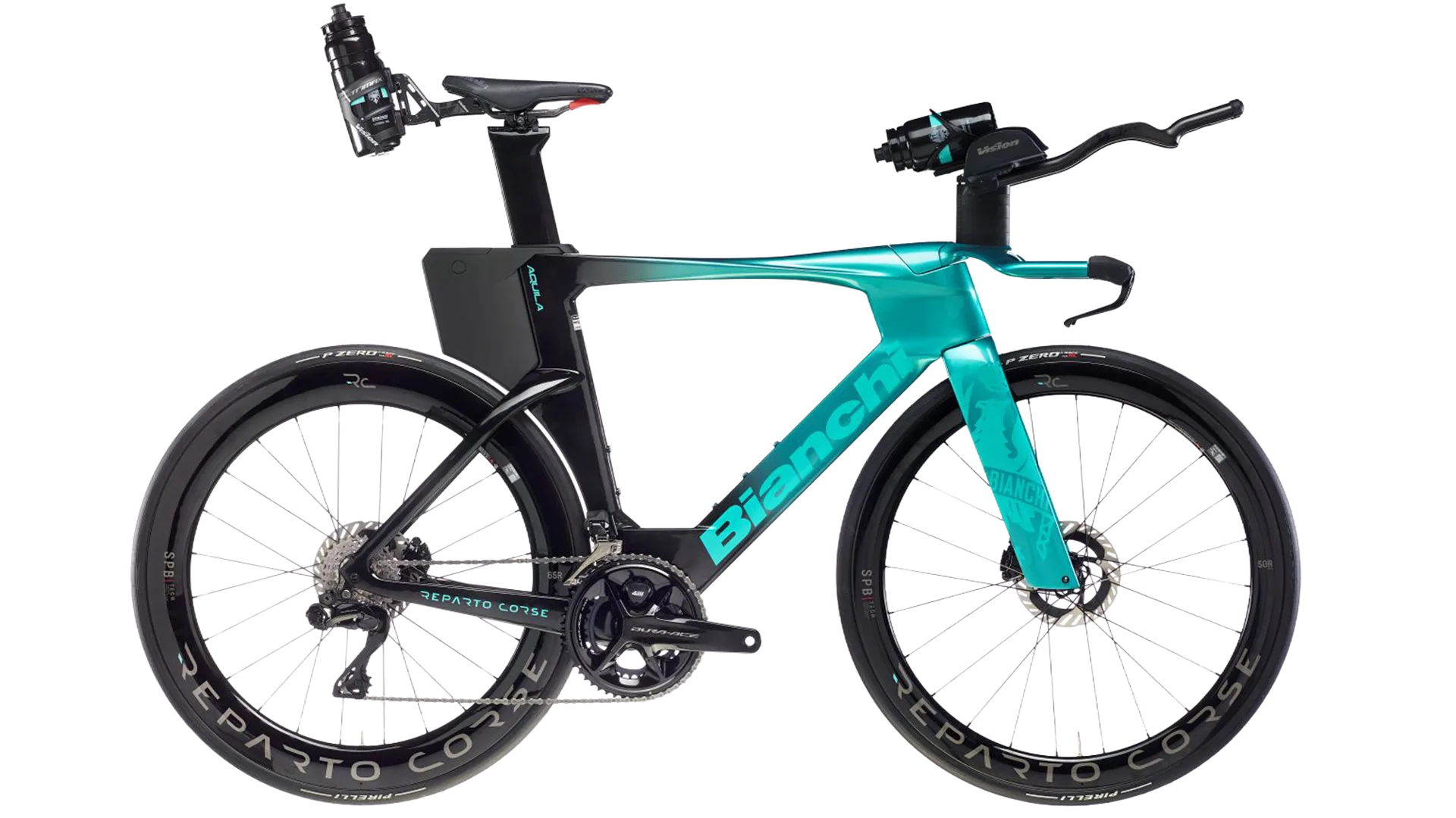 Bianchi Aquila RC Triathlon-/Time-Trial-Rennrad in celeste/türkis mit Aero-Rahmen, Auflieger und tiefen Carbon-Laufrädern