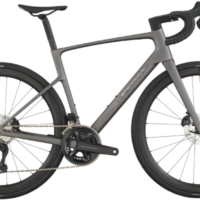 SCOTT Addict 20 Rennrad in mattem Grau, Carbonrahmen, Scheibenbremsen und Aero-Laufräder für Straßenrennen