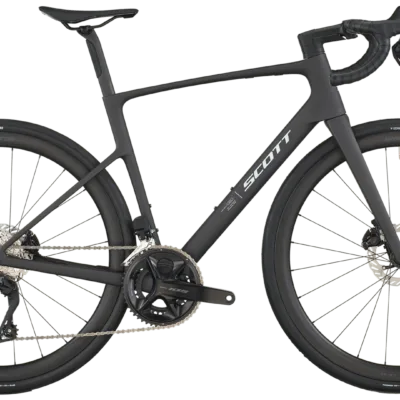 Mattschwarzes SCOTT Addict 30 Rennrad, carbonrahmen, Scheibenbremsen und tiefe Aero-Laufräder, Seitenansicht