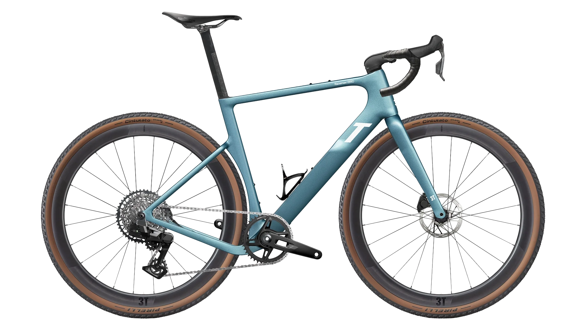 3T Racemax WPNT Gravel-Bike in metallic blau mit Sram Rival XPLR AXS, Discus-Laufrädern und braunen Gravel-Reifen