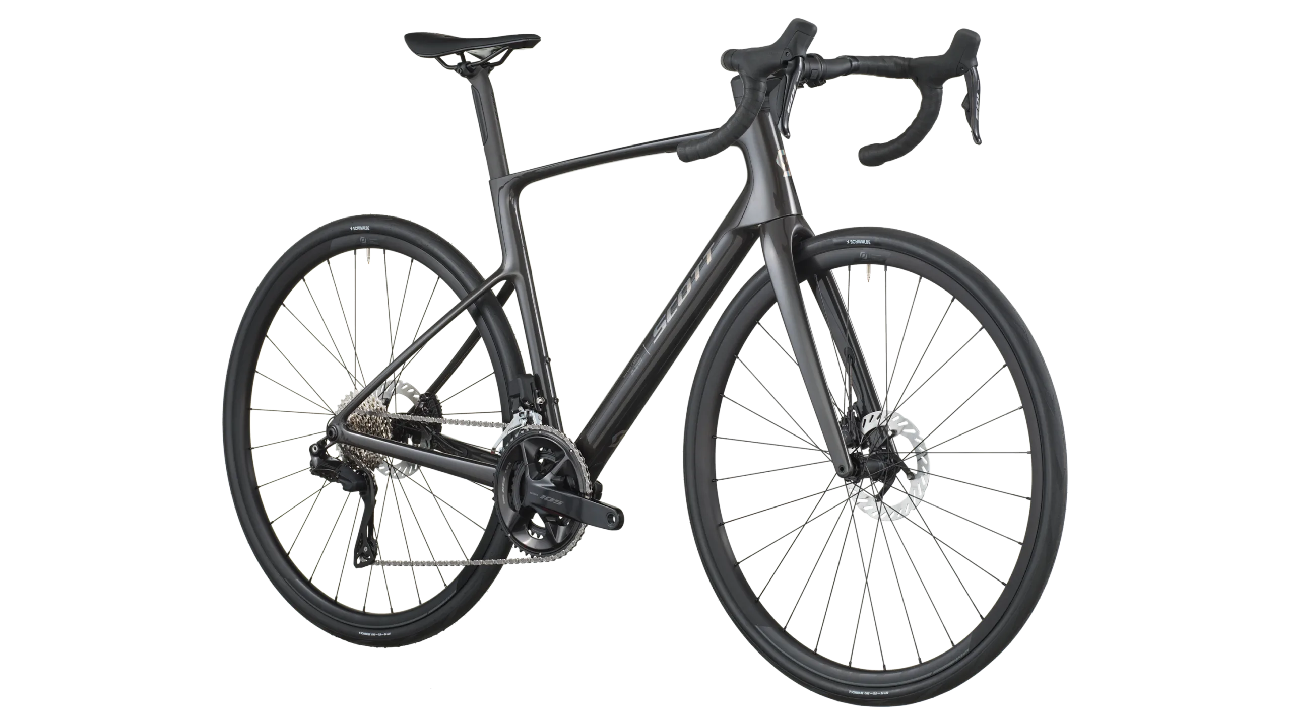 Scott Addict 40 Rennrad in mattem Schwarz, Carbonrahmen, Scheibenbremsen und Rennlenker, Seitenansicht