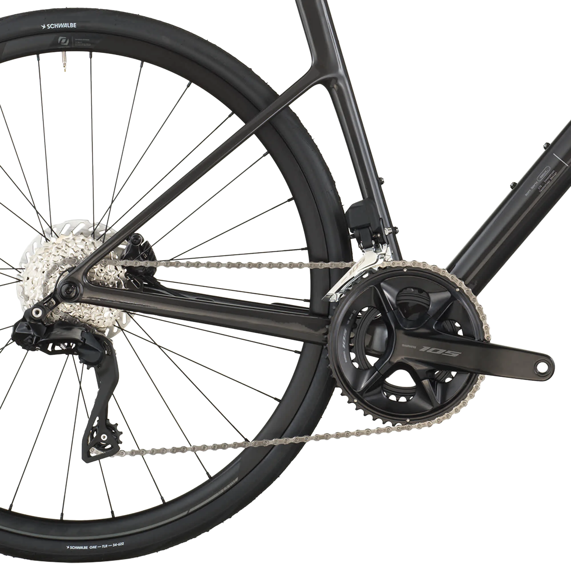 Scott Addict 40: Nahaufnahme Hinterrad, Kassette, Kette und Carbon-Rahmen eines schwarzen Race-Road-Fahrrads
