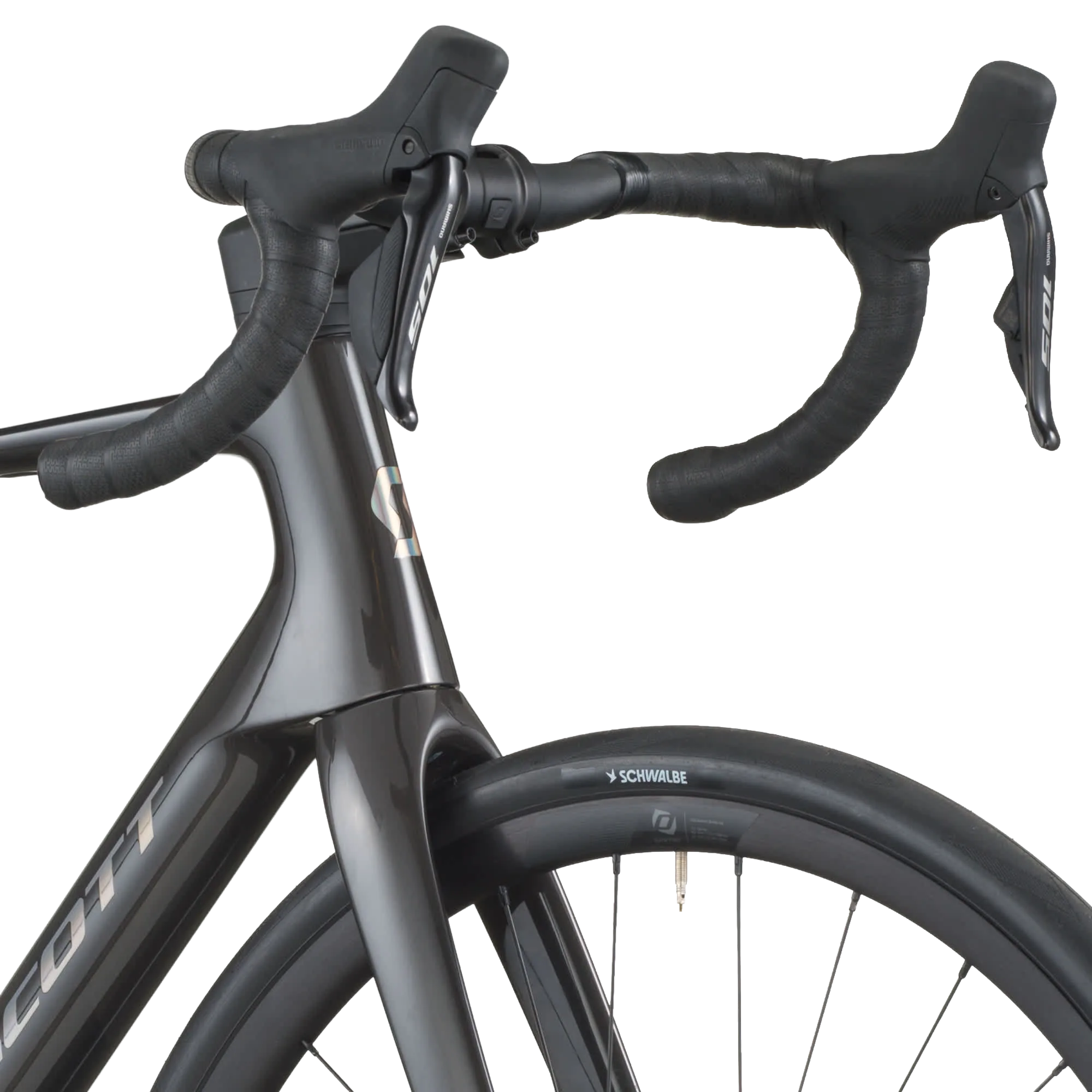 Scott Addict 40 Rennrad: schwarzer Carbon-Rahmen, Rennlenker mit Bandage, Shimano Brems-/Schalthebel und Schwalbe Reifen