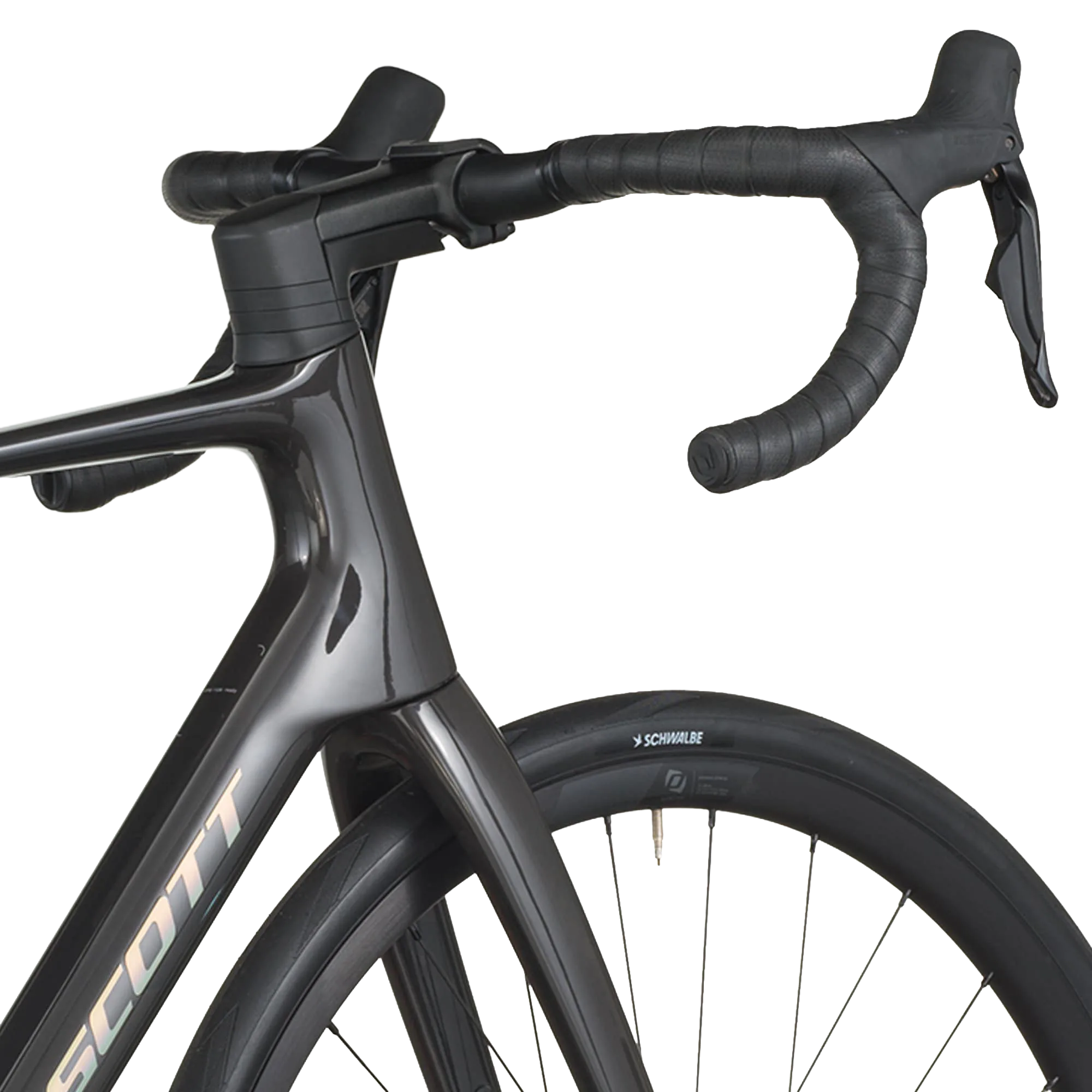 Scott Addict 40 Rennrad-Vorderrad und Lenker mit integriertem Vorbau, schwarzer Carbonrahmen und Schwalbe Reifen