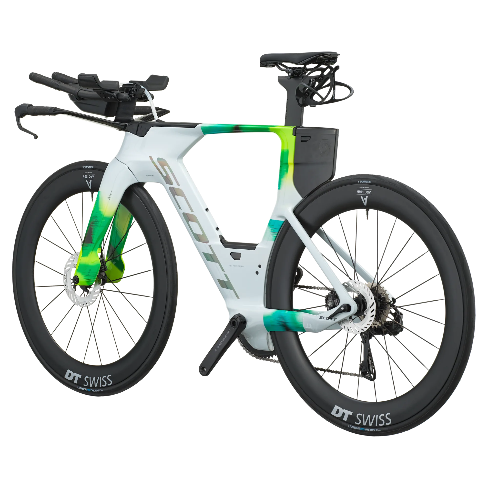 Scott Plasma RC Pro Triathlon-Time-Trial Rennrad in Weiß/Grün mit Aerolenker, Flaschenhalter und DT Swiss Laufrädern