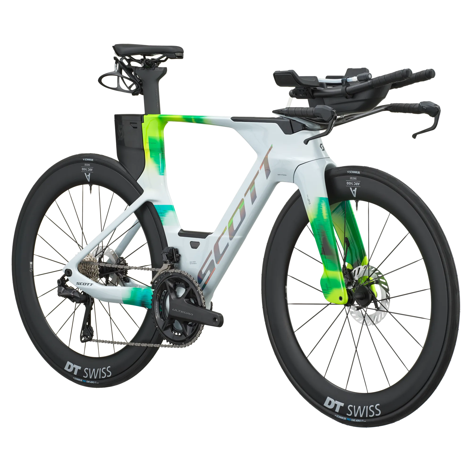 Scott Plasma RC Pro Triathlonrad in weiß/grün mit Aero‑Cockpit, Scheibenlaufrädern und Ultegra-Antrieb