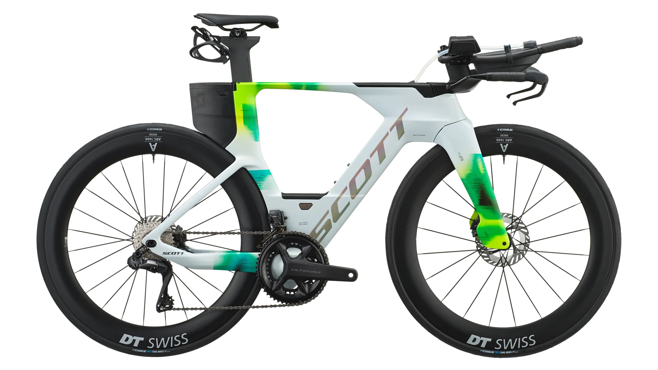 Scott Plasma RC Pro Triathlon-/Time‑Trial-Rennrad in weiß mit grünen Akzenten, Aero-Rahmen und tiefen DT Swiss Laufrädern