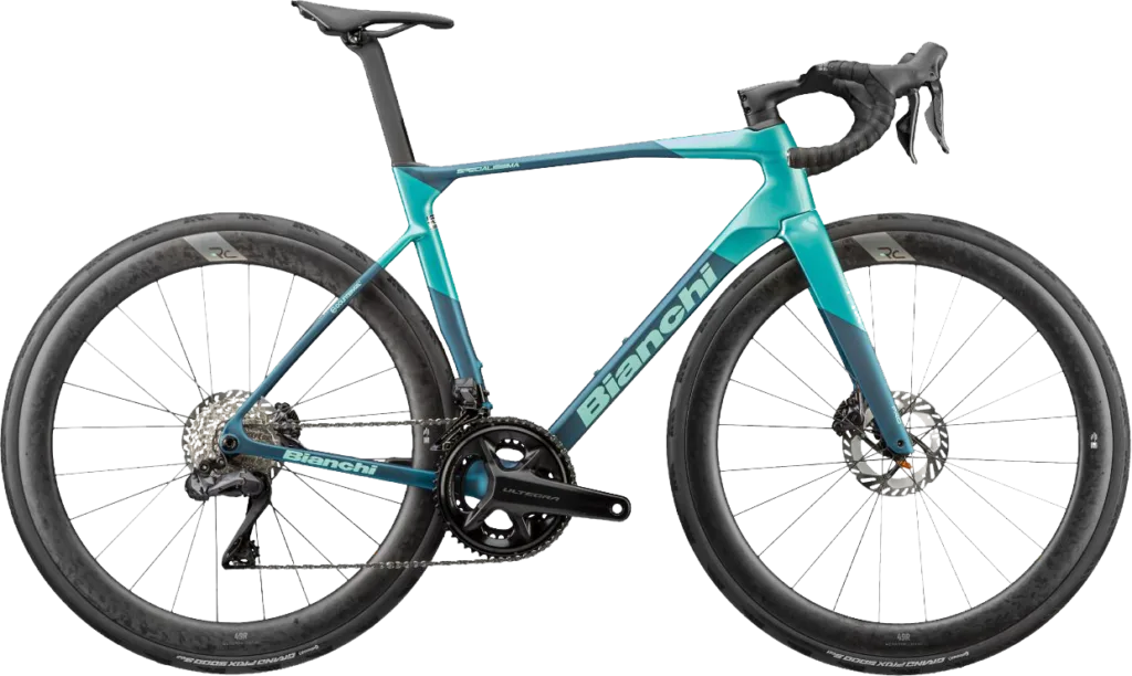 Bianchi Specialissima PRO Race-Road Rennrad in celeste/blau mit Carbon-Rahmen, Scheibenbremsen und tiefen Aero-Laufrädern