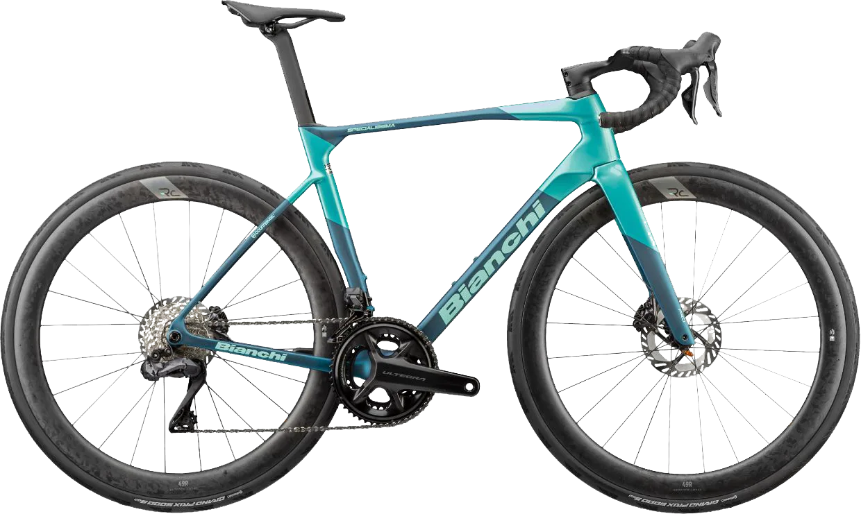 Bianchi Specialissima PRO Race-Road Rennrad in celeste/blau mit Carbon-Rahmen, Scheibenbremsen und tiefen Aero-Laufrädern