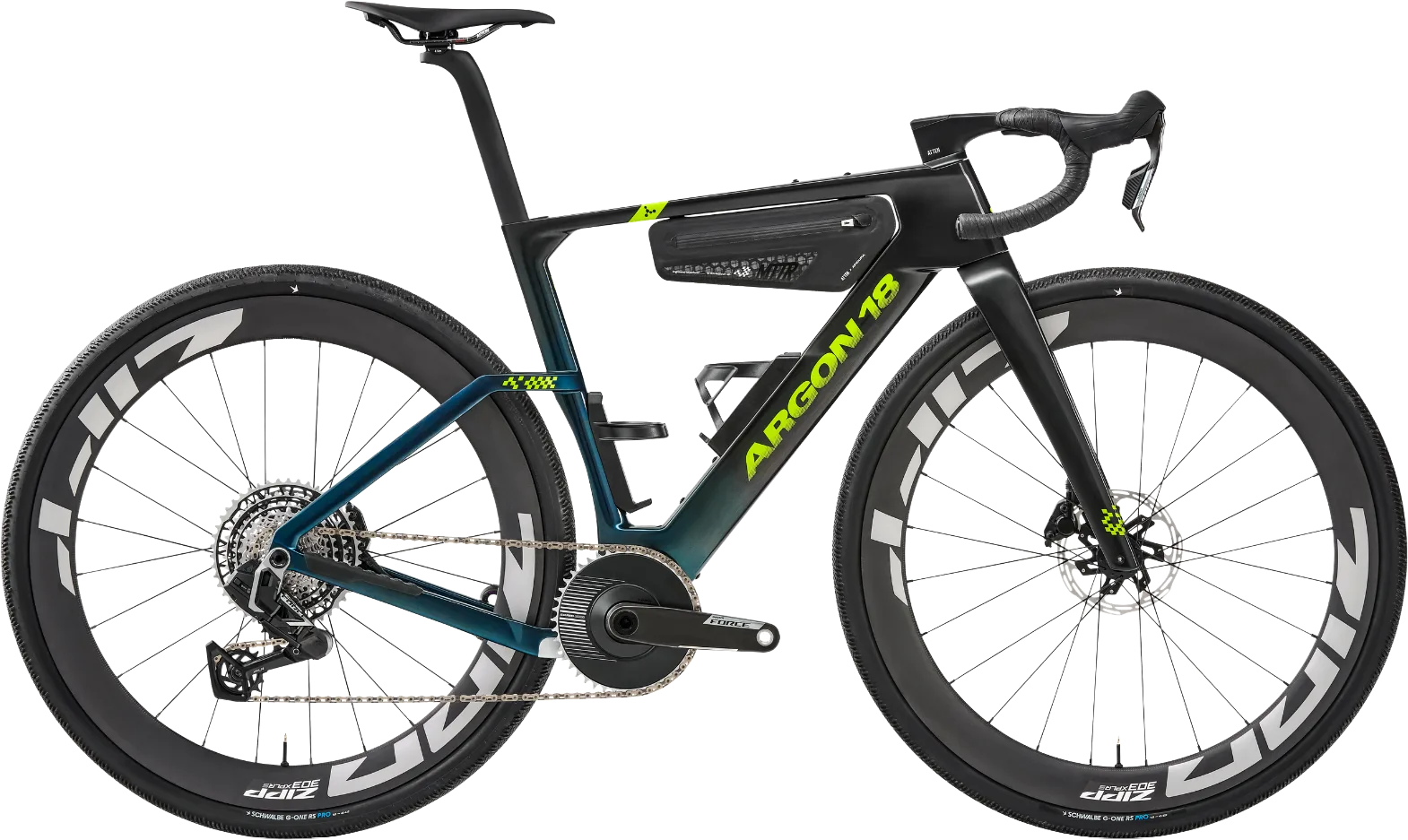Argon 18 Anti Matter Gravel-Bike in schwarzem/grünem Finish mit SRAM Force XPLR AXS Antrieb, Carbon-Laufrädern und integriertem Oberrohr-Topcase