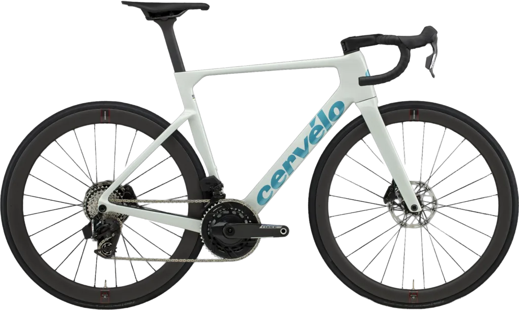 Cervélo Soloist Force AXS Rennrad in hellem Cloud-Break-Lack mit Carbon-Rahmen, Scheibenbremsen und elektronischer Schaltung