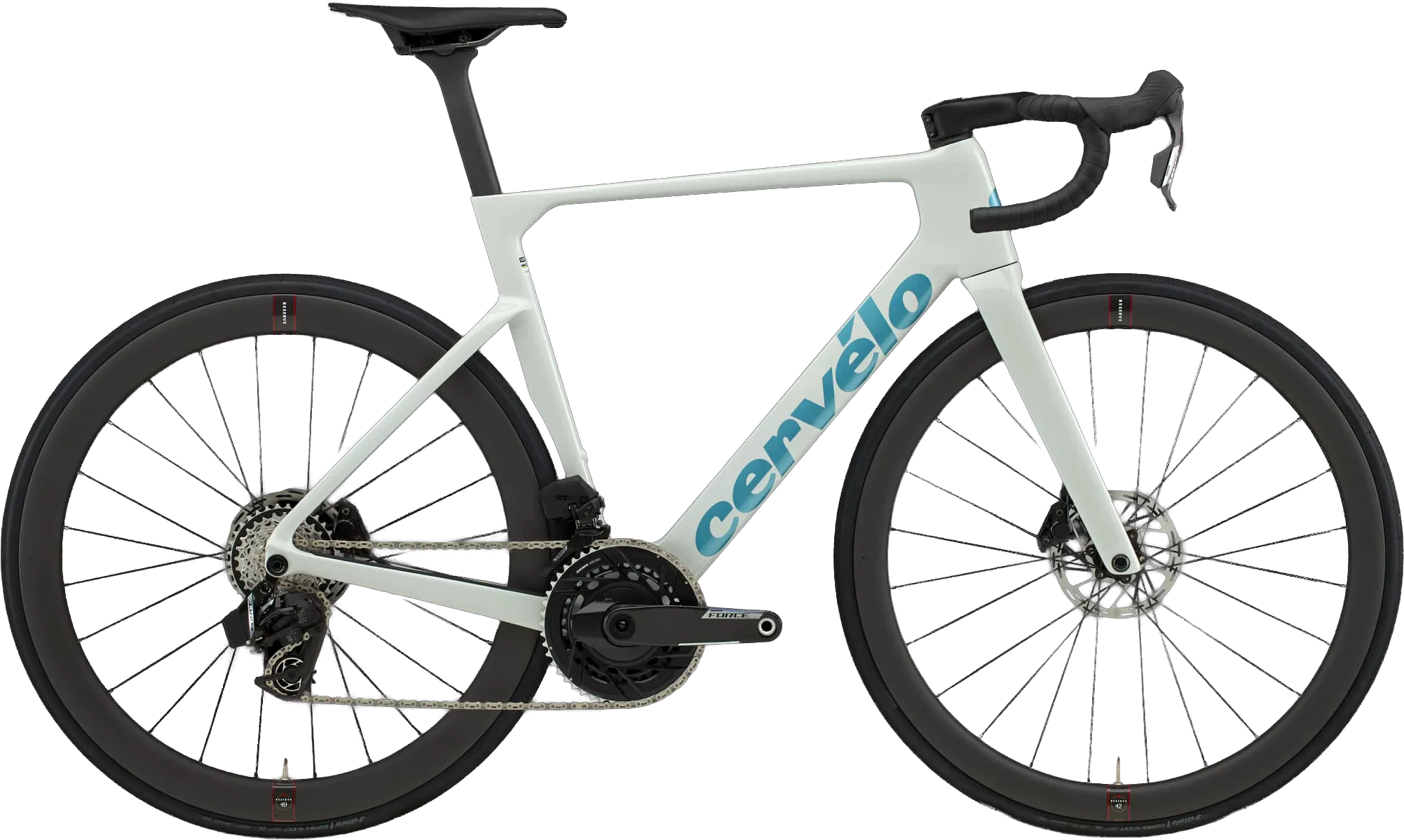Cervélo Soloist Force AXS Rennrad in hellem Cloud-Break-Lack mit Carbon-Rahmen, Scheibenbremsen und elektronischer Schaltung