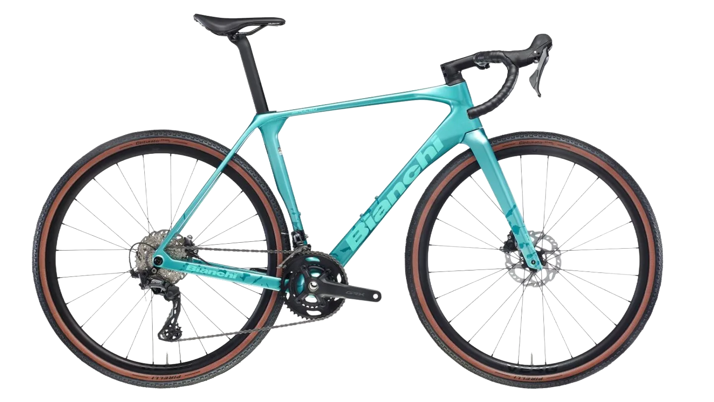 Bianchi Impulso Comp Gravelbike in Celeste Metallic mit Carbonrahmen, Scheibenbremsen und braunen Reifen
